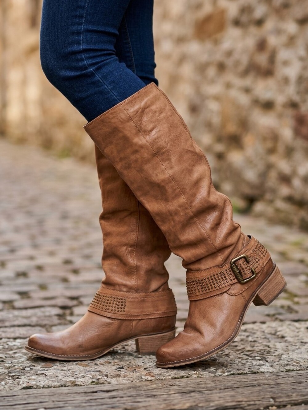 Steve Madden Laarzen Tan Brown Leather Slouch Studded Tall Boots Sz 7.5 38